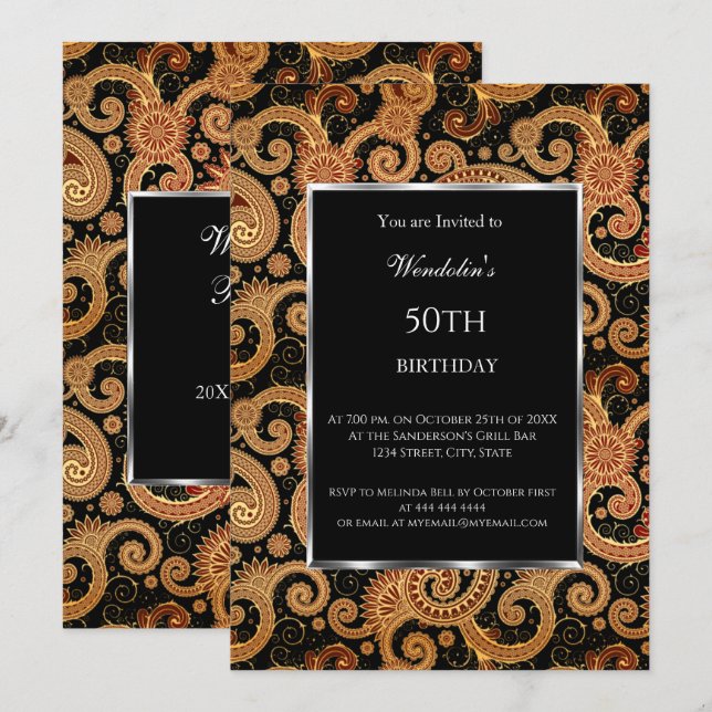 Elegant Modern Birthday Party Paisley  Invitation (Front/Back)