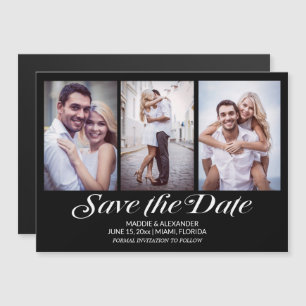 Elegant Modern Black 3 Photo Wedding Save The Date Magnetic Invitation
