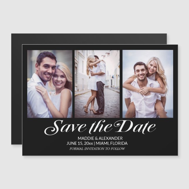 Elegant Modern Black 3 Photo Wedding Save The Date Magnetic Invitation (Front/Back)