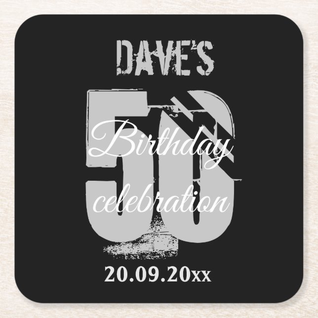 Elegant Modern Black 50th Birthday Party  Square Paper Coaster (Front)