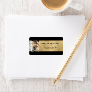 Elegant Modern Black and Faux Gold Christmas Photo Label
