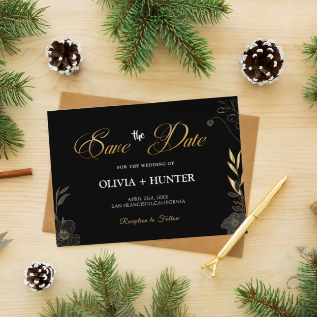 Elegant Modern Black and Gold Floral Announcement  (Elegant Modern Black and Gold Floral save the date)