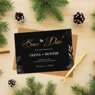 Elegant Modern Black and Gold Floral Announcement