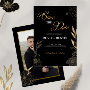 Elegant Modern Black and Gold Floral Save The Date
