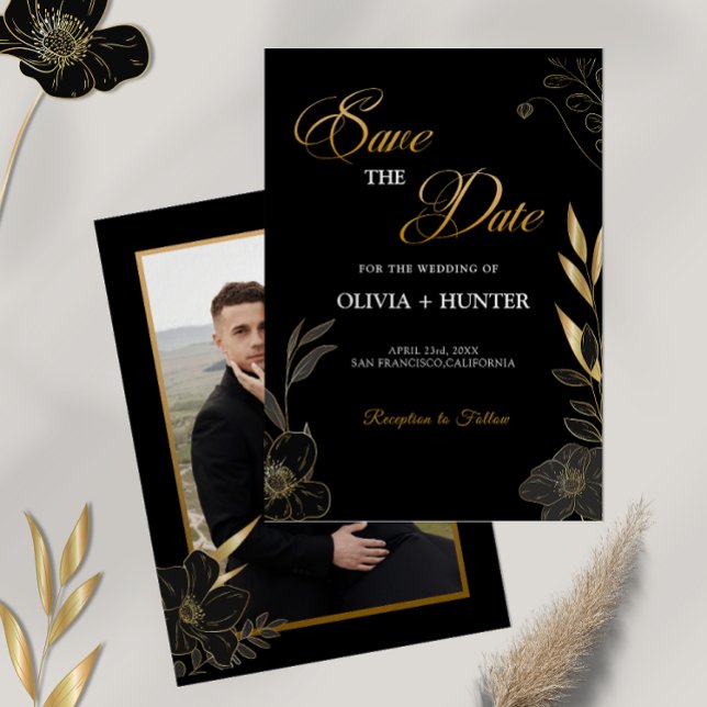 Elegant Modern Black and Gold Floral  Save The Date (Elegant Black and Gold Floral Save The Date)