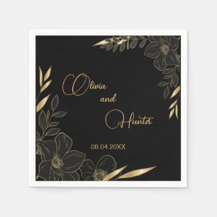 Elegant Modern Black and Gold Floral wedding  Napkin