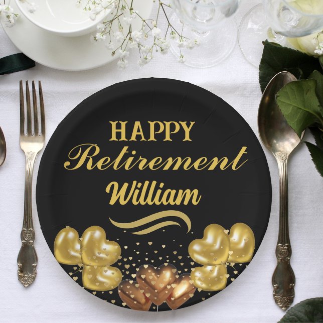 Elegant Modern Black and gold Happy Retirement  Paper Plate (Creator Uploaded)