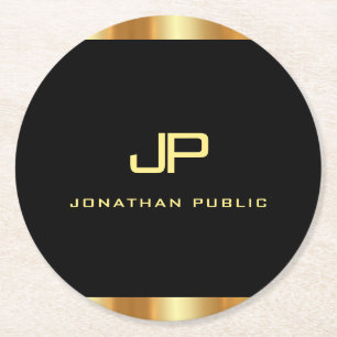 Elegant Modern Black And Gold Monogram Template Round Paper Coaster