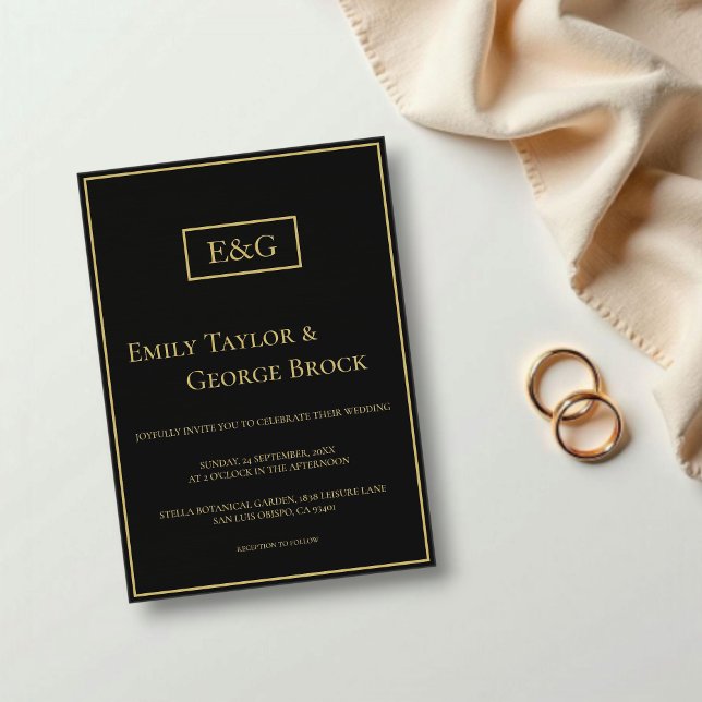 Elegant Modern Black And Gold Monogram Wedding Acrylic Invitations (Creator Uploaded)
