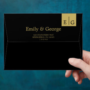 Elegant Modern Black And Gold Monogram Wedding Envelope