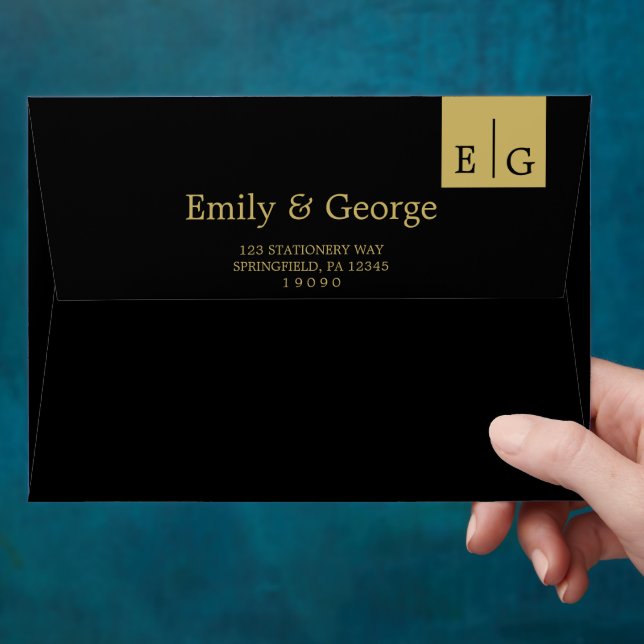 Elegant Modern Black And Gold Monogram Wedding Envelope (Hand)