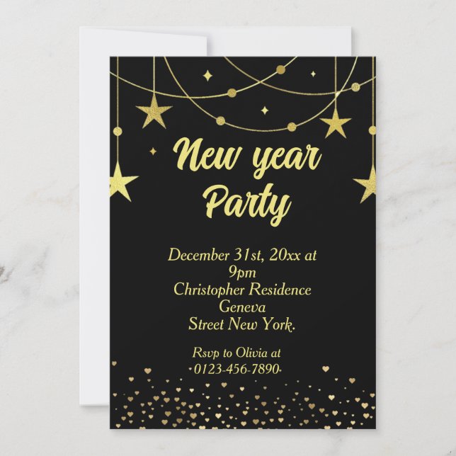 Elegant Modern Black and Gold New year Eve  Invitation (Front)