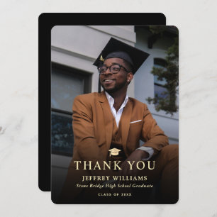 Elegant Modern Black and Gold Photo Graduation Thank You Card
