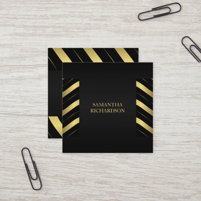 Elegant Modern Black And Gold Stripes Geometric  Square Business Card (Front/Back In Situ)