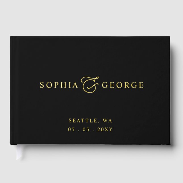 Elegant Modern Black and Gold Wedding Guest Book (Front)