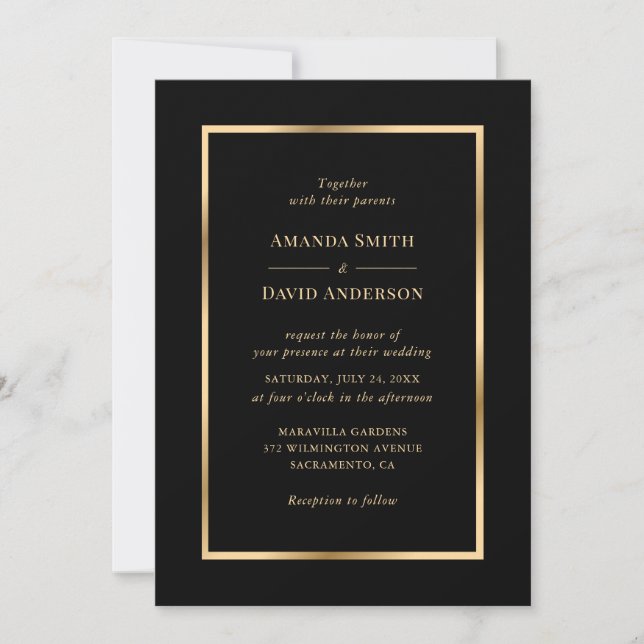 Elegant Modern Black and Gold Wedding Invitation (Front)
