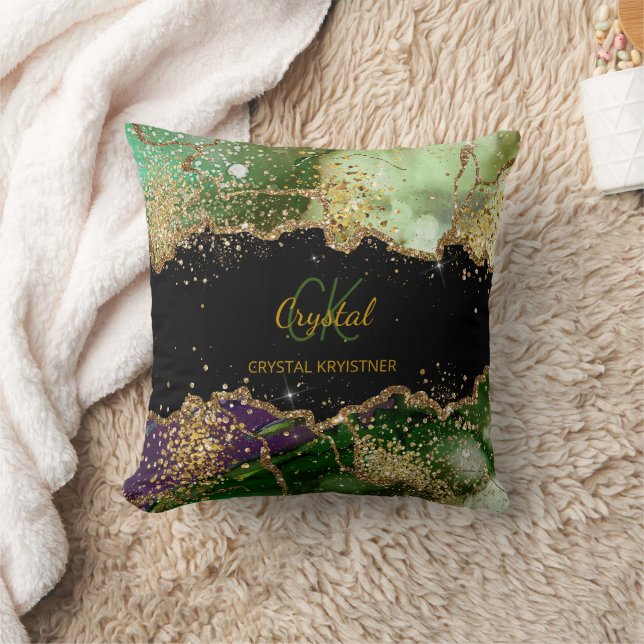 Elegant Modern Black and Green Glitter Monogram  Cushion (Blanket)