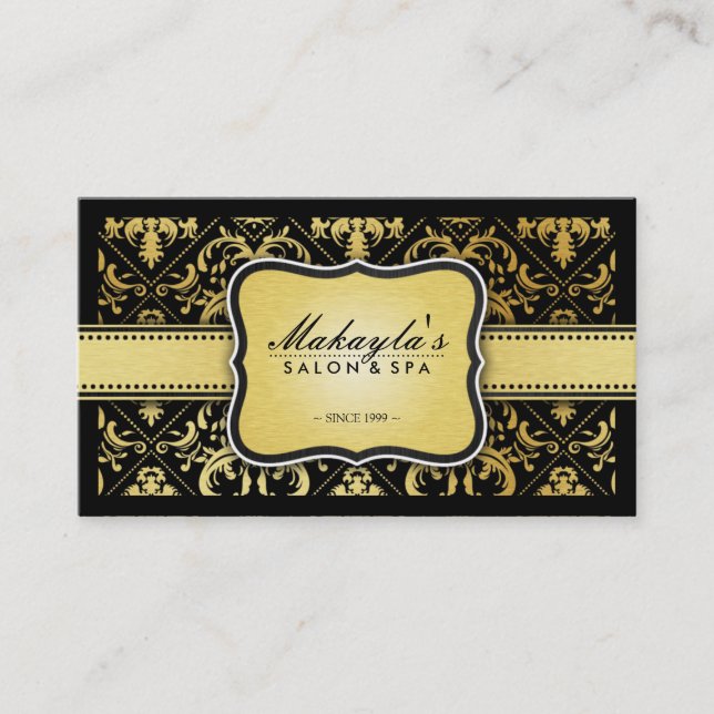 Elegant Modern Black and Metallic Gold Damask Business Card (Front)