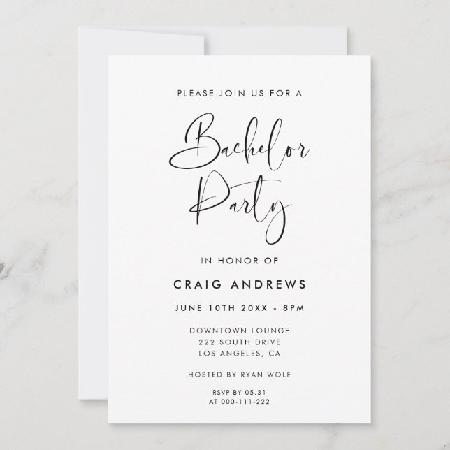 Elegant & Modern Black and White Bachelor Party Invitation (Front)