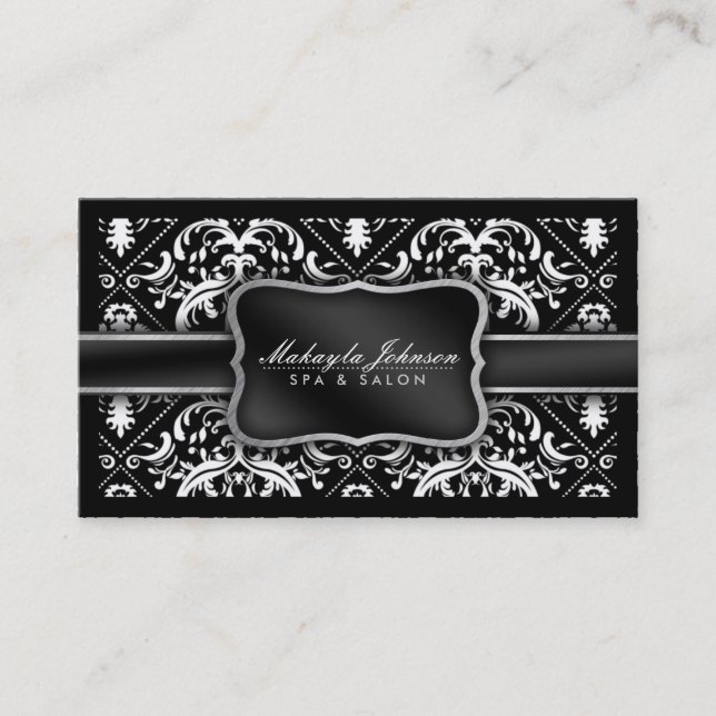 Elegant Modern Black and White Damask Spa & Salon Business Card (Front)