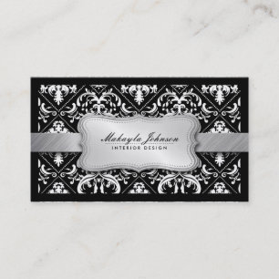 Elegant Modern Black and White Damask With Silver Business Card