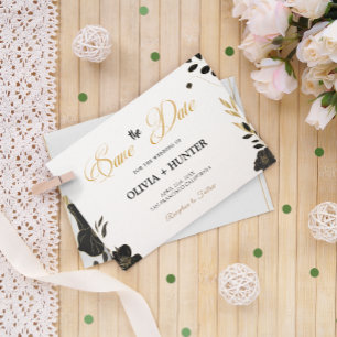 Elegant Modern Black and White, Gold Floral Save The Date