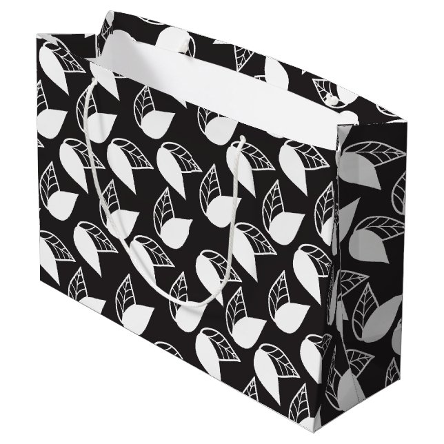 Elegant modern black and white leaves large gift bag (Back Angled)
