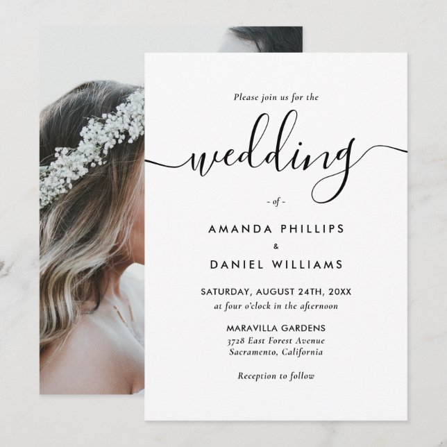 Elegant Modern Black and White Photo Wedding Invitation (Front/Back)