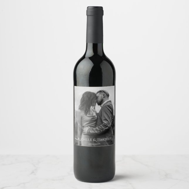 Elegant Modern Black and White Photo Wedding Wine Label (Front)
