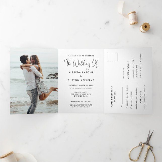Elegant & modern black and white wedding photo Tri-Fold invitation (Inside)