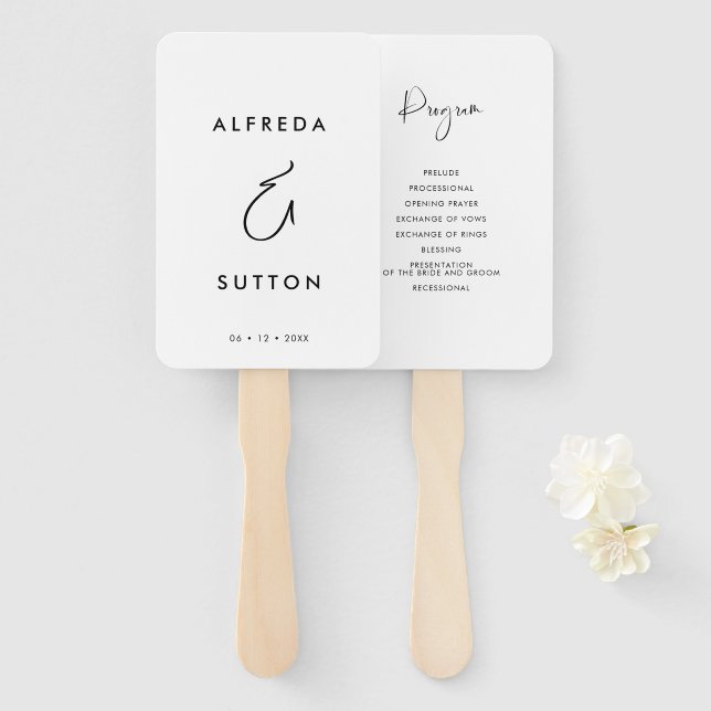 Elegant & Modern Black and White Wedding program Hand Fan (Front and Back)