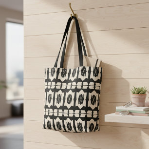 Elegant Modern Black & Beige Geometric Pattern Tote Bag