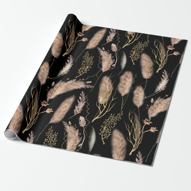 Elegant Modern Black Beige Pampas Grass Pattern Wrapping Paper (Unrolled)