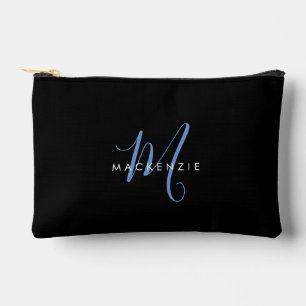 Elegant Modern Black Blue Script Monogram Accessory Pouch