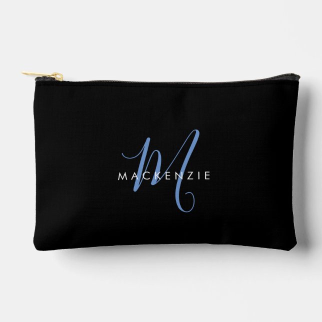 Elegant Modern Black Blue Script Monogram Accessory Pouch (Front)