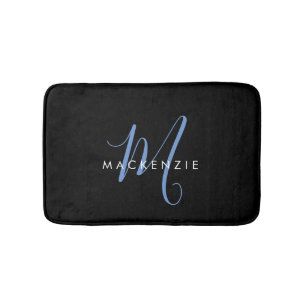 Elegant Modern Black Blue Script Monogram Bath Mat