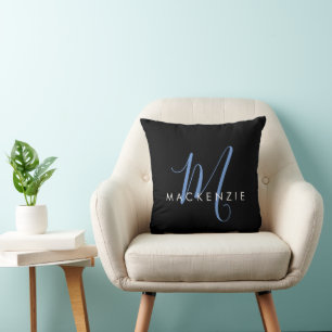 Elegant Modern Black Blue Script Monogram Cushion