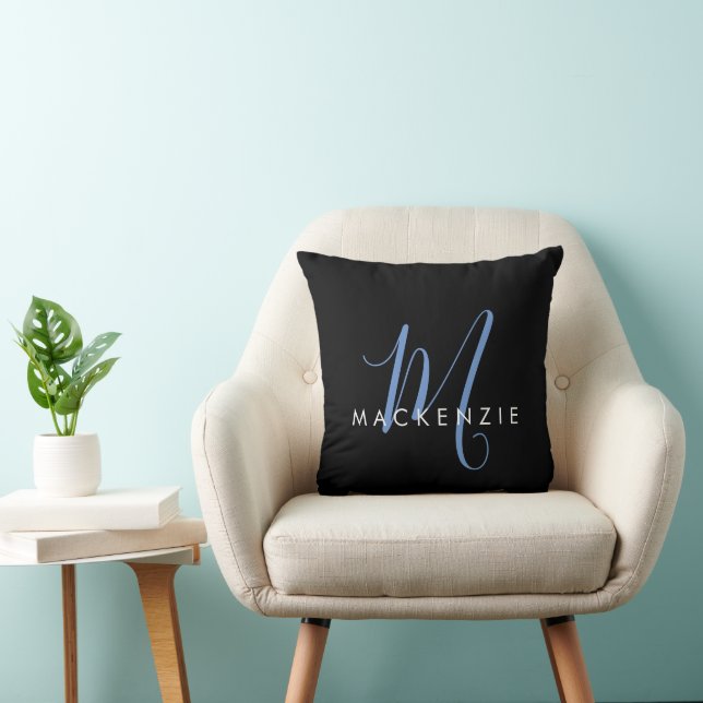 Elegant Modern Black Blue Script Monogram Cushion (Chair)