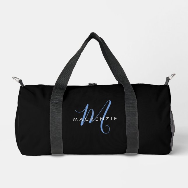 Elegant Modern Black Blue Script Monogram Duffle Bag (Front)