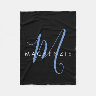 Elegant Modern Black Blue Script Monogram Fleece Blanket