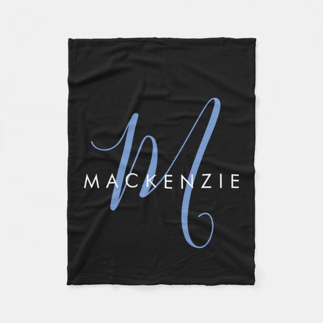 Elegant Modern Black Blue Script Monogram Fleece Blanket (Front)