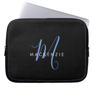 Elegant Modern Black Blue Script Monogram Laptop Sleeve