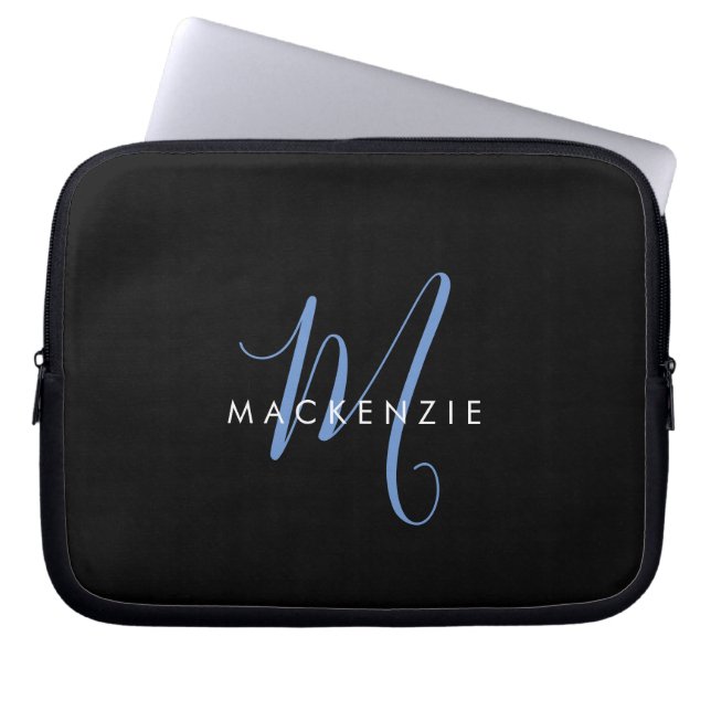 Elegant Modern Black Blue Script Monogram Laptop Sleeve (Front)
