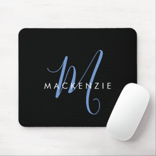 Elegant Modern Black Blue Script Monogram Mouse Mat