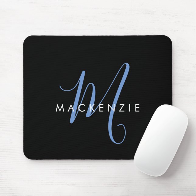 Elegant Modern Black Blue Script Monogram Mouse Mat (With Mouse)