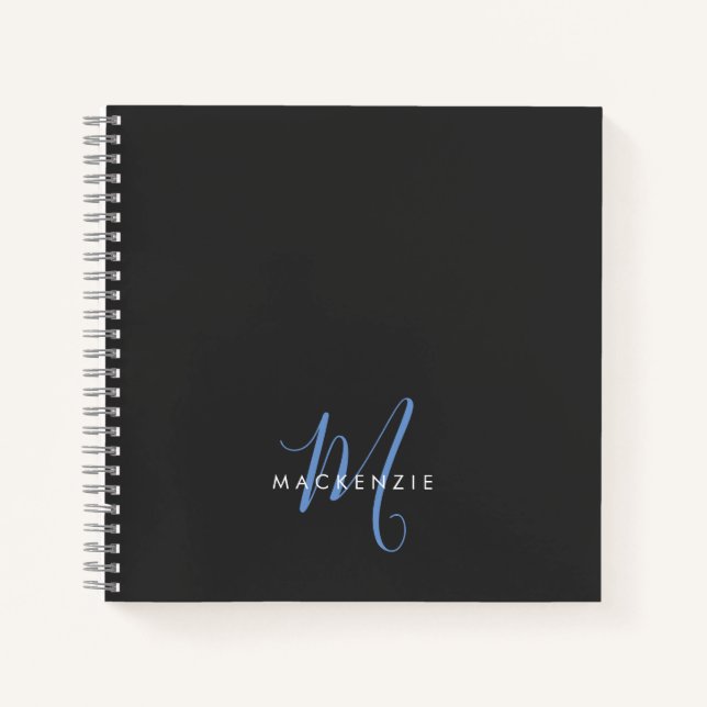 Elegant Modern Black Blue Script Monogram Notebook (Front)