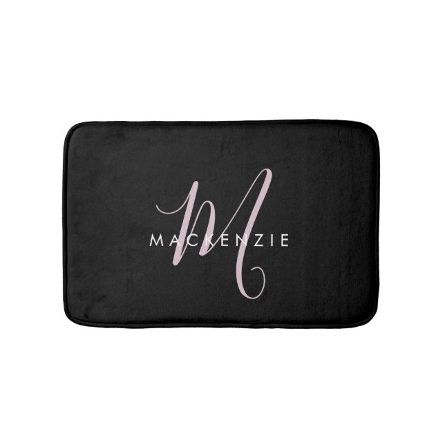Elegant Modern Black Blush Pink Script Monogram Bath Mat (Front)