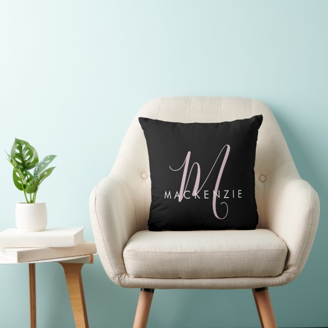 Elegant Modern Black Blush Pink Script Monogram Cushion (Chair)