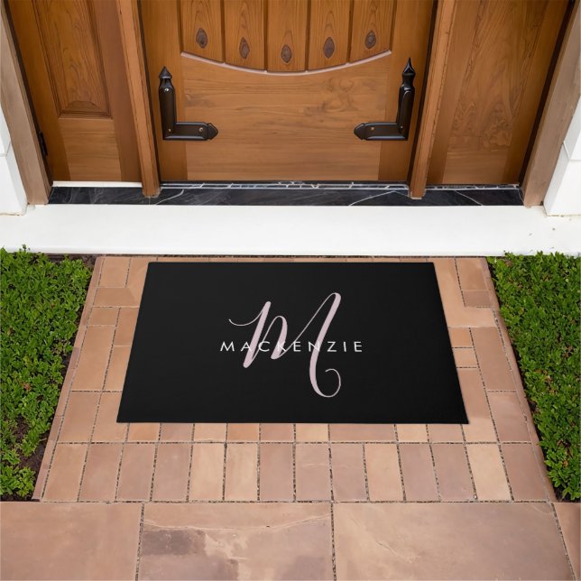 Elegant Modern Black Blush Pink Script Monogram Doormat (Outdoor)