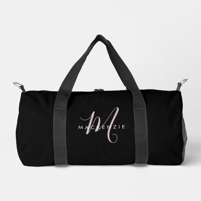 Elegant Modern Black Blush Pink Script Monogram Duffle Bag (Front)
